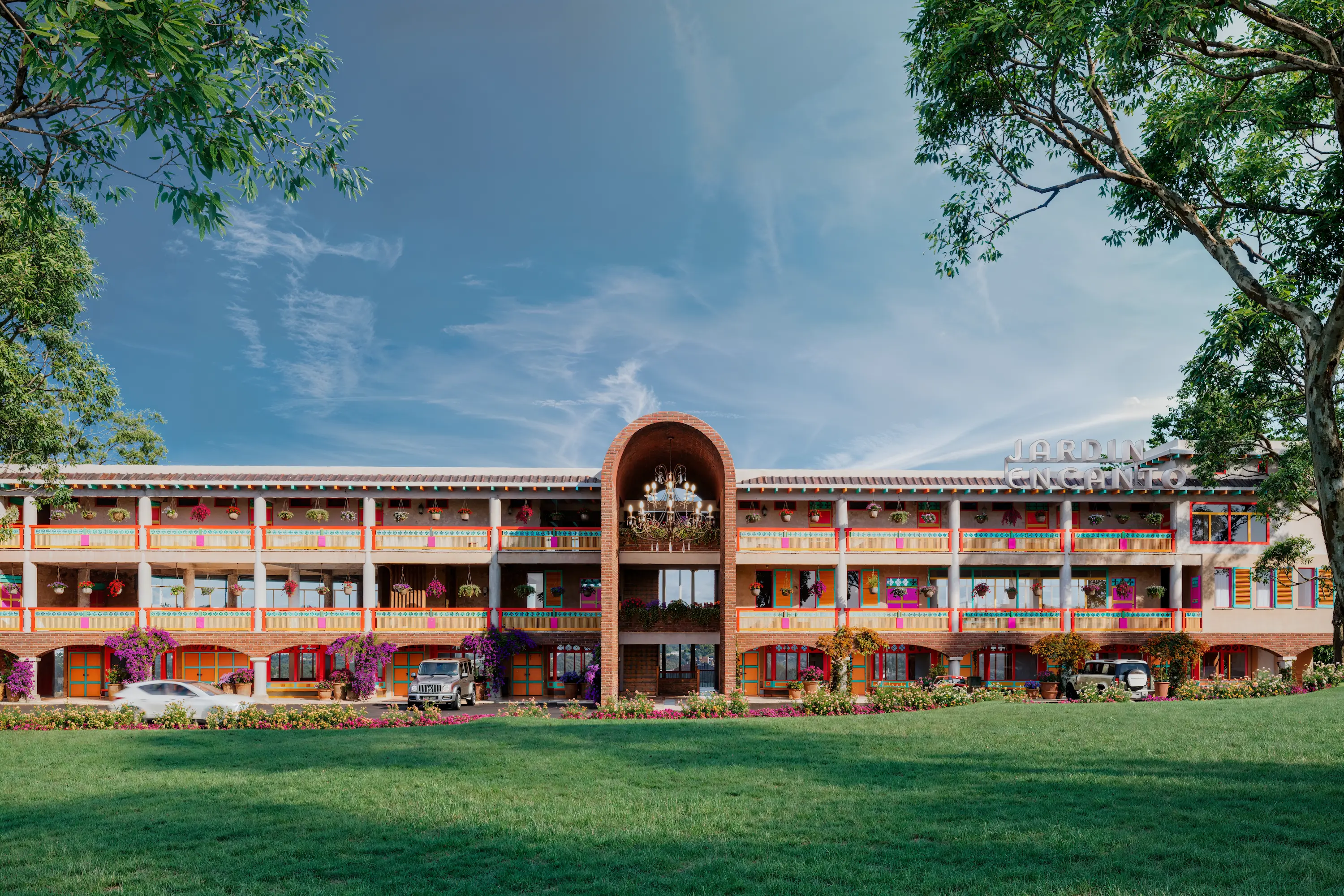 Familias caminando por senderos de jardín con agua y vegetación