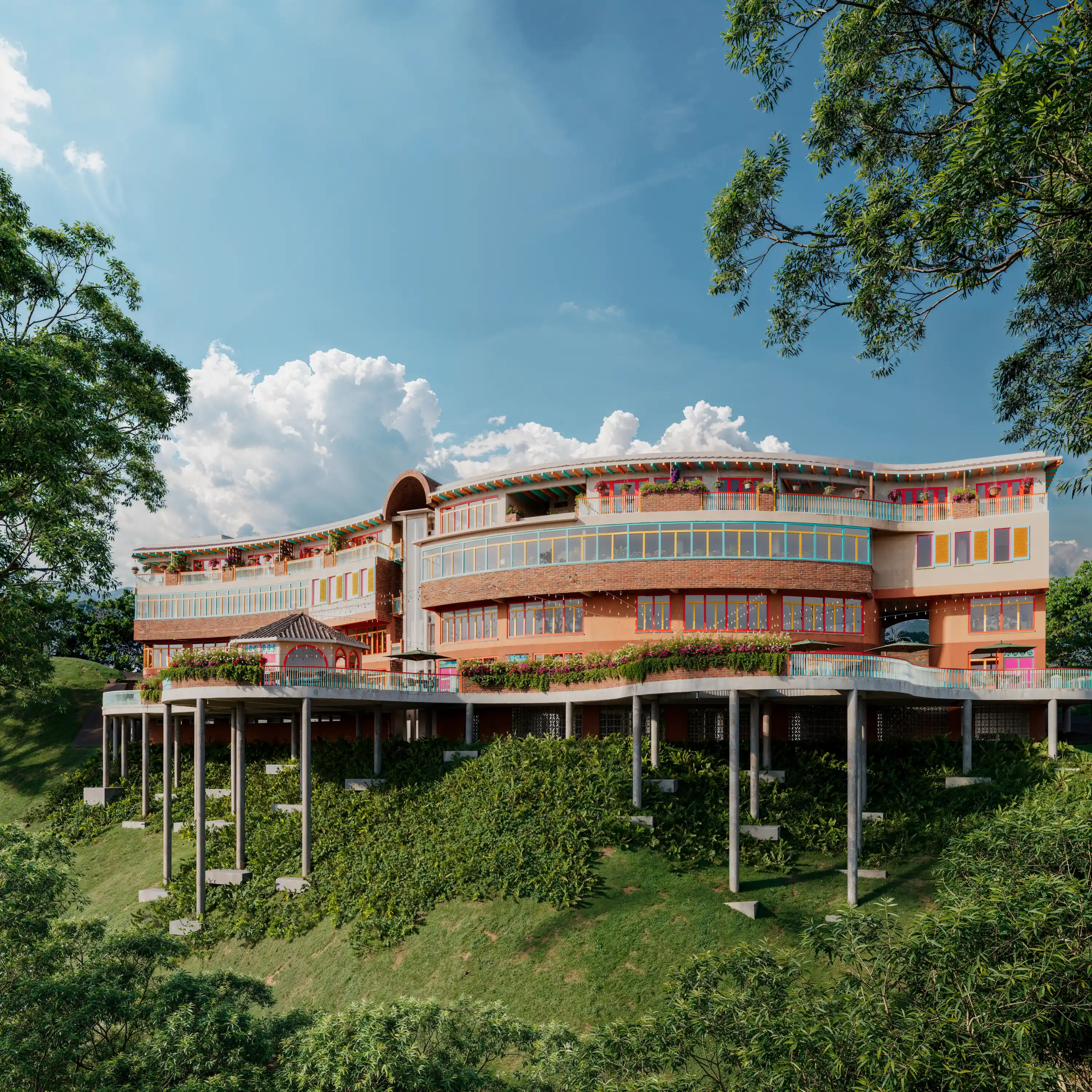 Panoramic valley and lake views from an elevated terrace