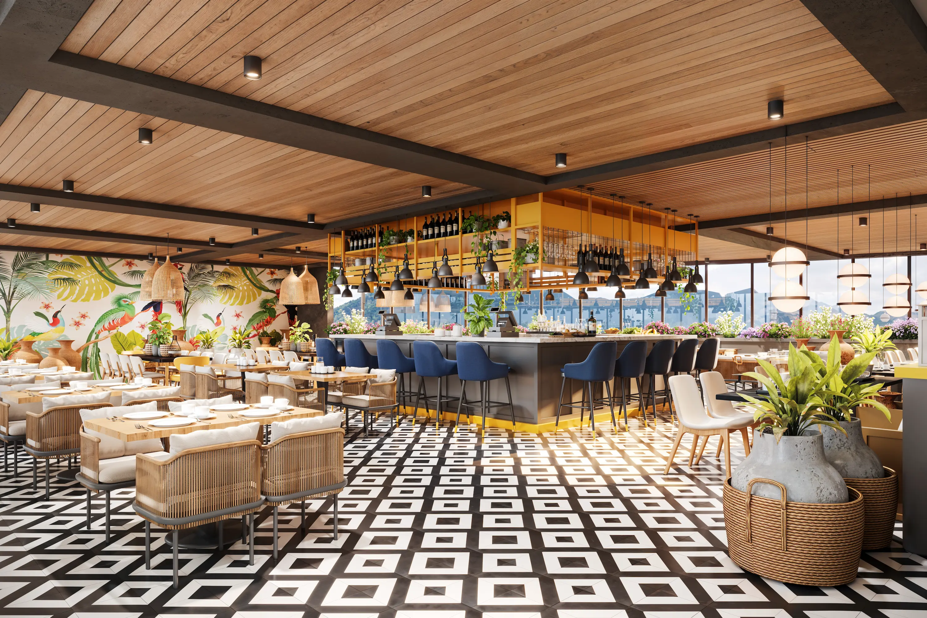 Outdoor restaurant terrace overlooking the lake at Jardín Encanto